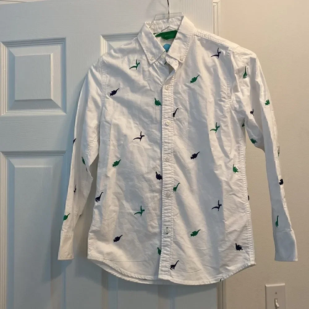 Mini Boden White Button Down Embroidered Dinosaur Shirt